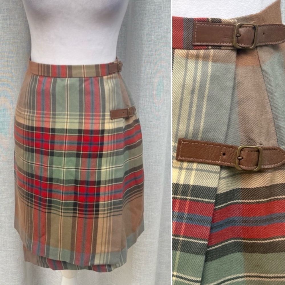 Ralph Ralph Lauren vintage plaid tartan mini wool skirt leather straps